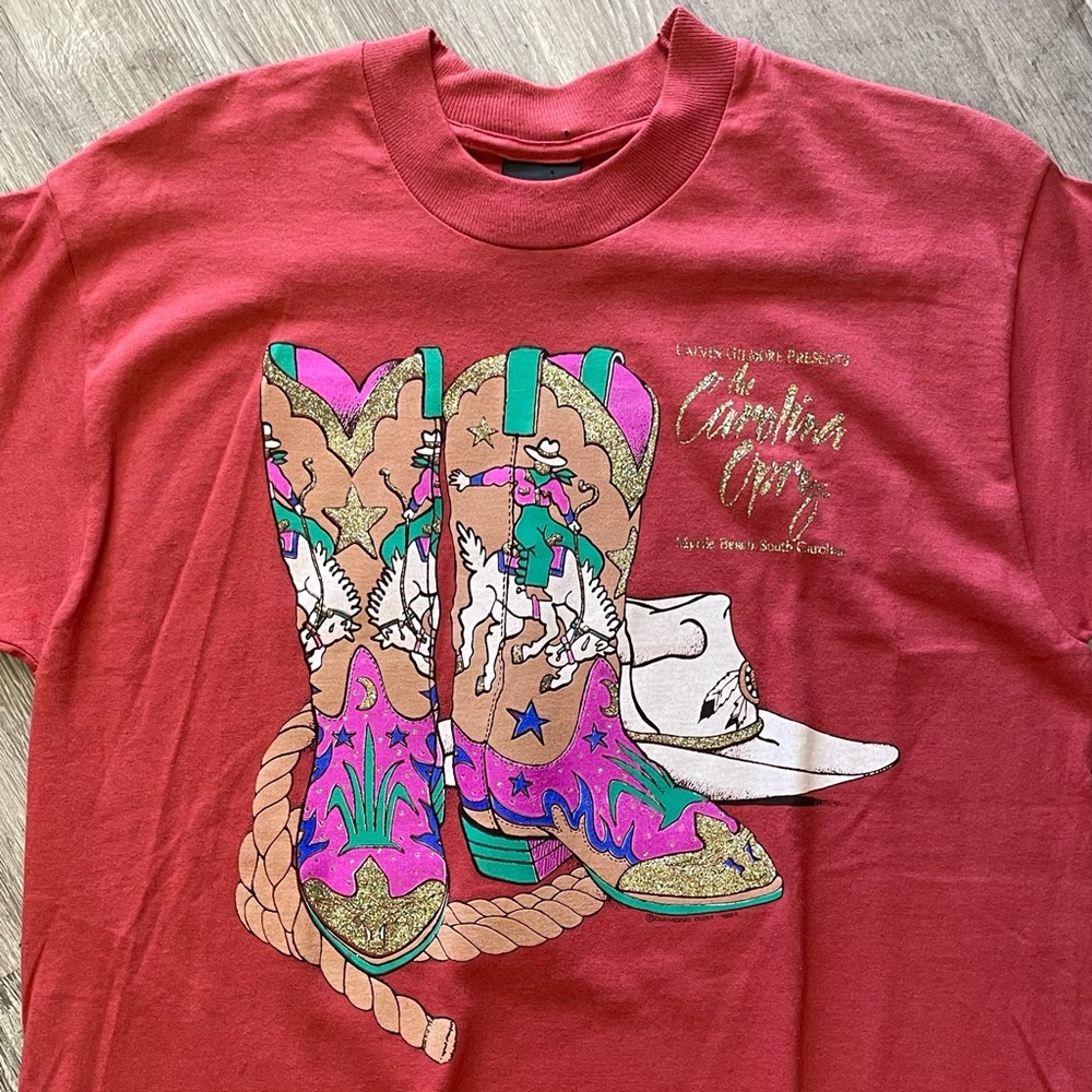 Vintage 1994 Diamond Dust Gold Sparkle Cowgirl Boots Print Carolina Opry T-Shirt - Picture 2 of 16